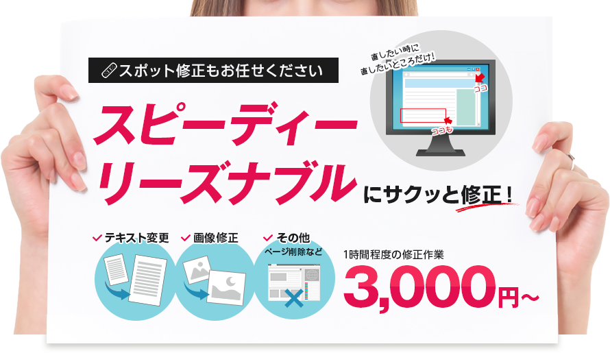 スポット修正もお任せください スピーディーリーズナブルにサクッと修正 テキスト変更 画像修正