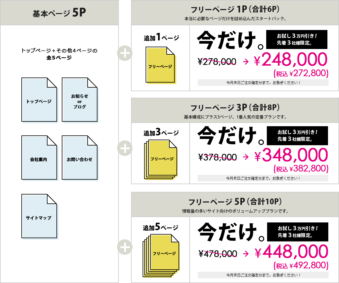 基本ページ5P　＋フリー1P ¥198,000　＋フリー3P ¥246,000　＋フリー5P ¥294,000