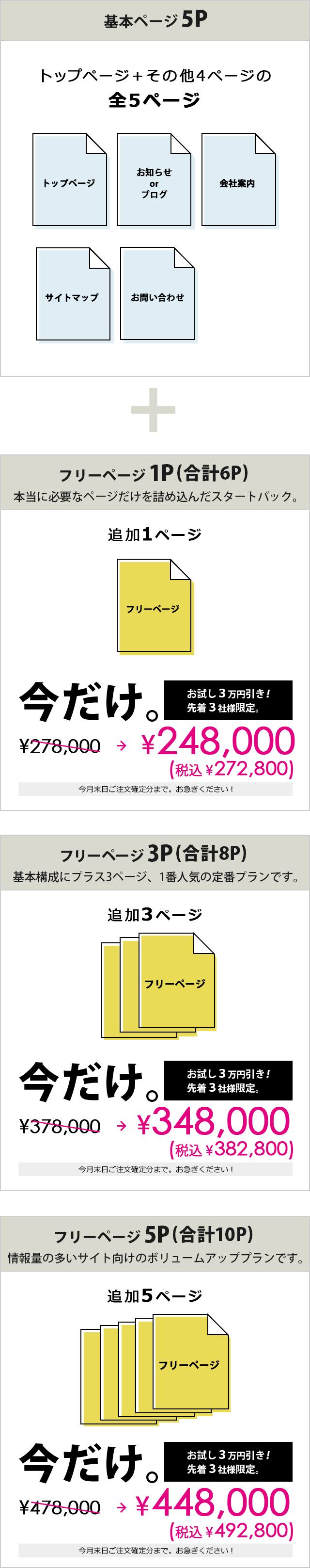 基本ページ5P　＋フリー1P ¥198,000　＋フリー3P ¥246,000　＋フリー5P ¥294,000